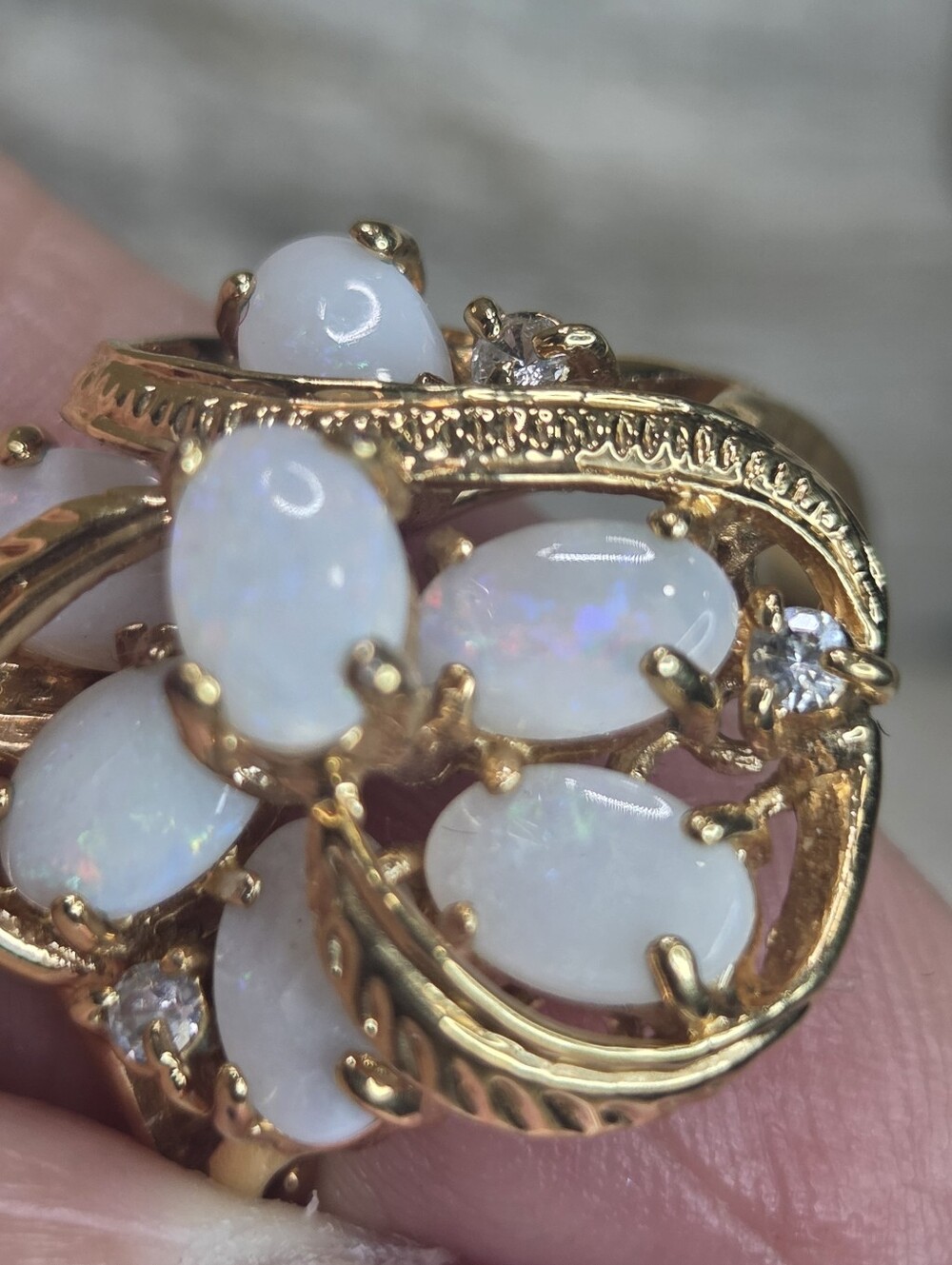 Vintage 12K Gold Filled Opal Cluster Ring - White Opal Floral Design 8 - Picture 8 of 8